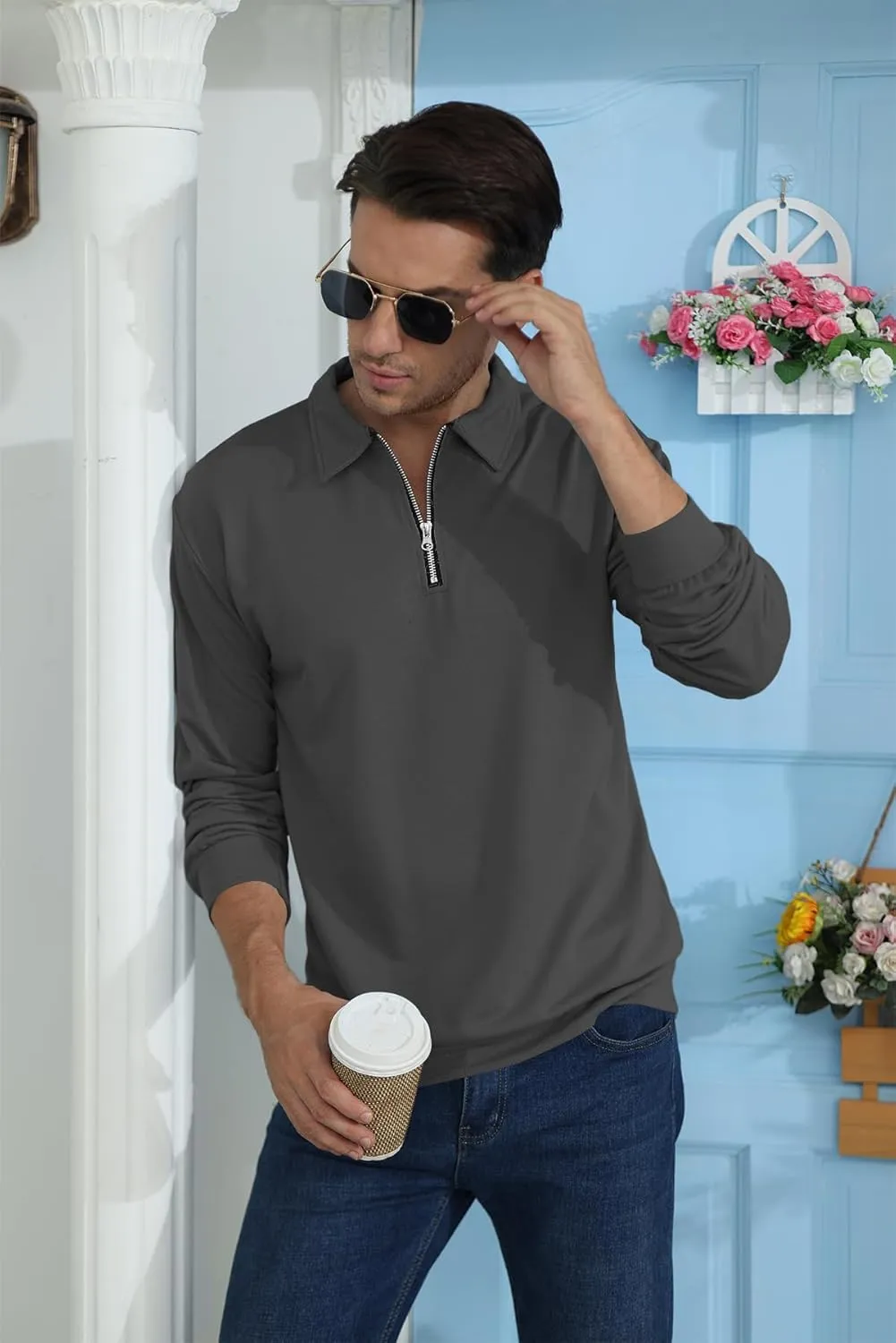 Lexiart Mens Long Sleeve Polo Shirts-Casual Thermal Loose Fit Pullover Quarter Zip Sweatshirts