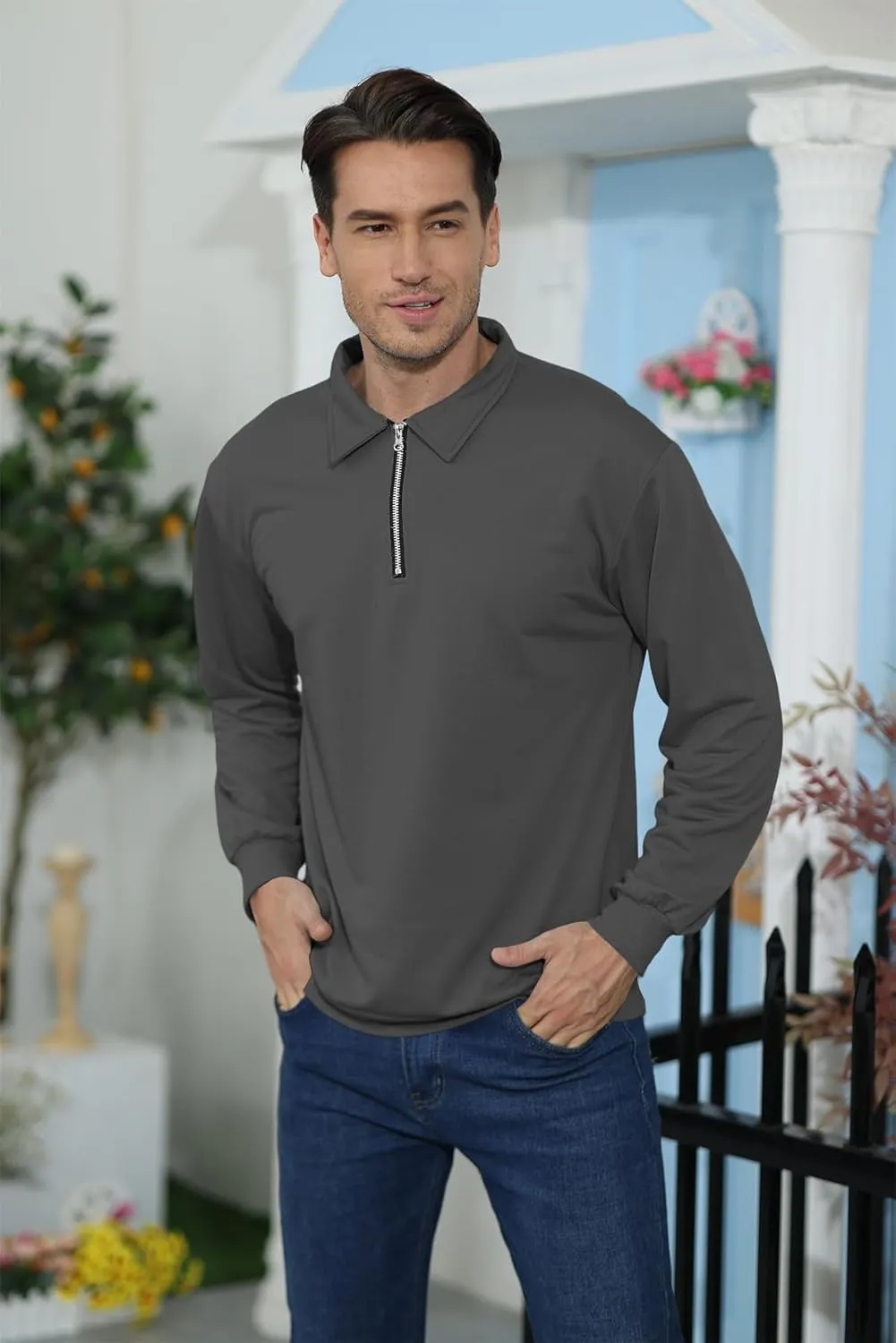 Lexiart Mens Long Sleeve Polo Shirts-Casual Thermal Loose Fit Pullover Quarter Zip Sweatshirts