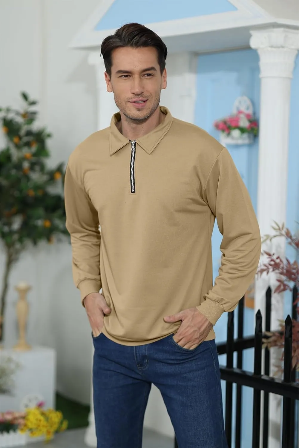 Lexiart Mens Long Sleeve Polo Shirts-Casual Thermal Loose Fit Pullover Quarter Zip Sweatshirts