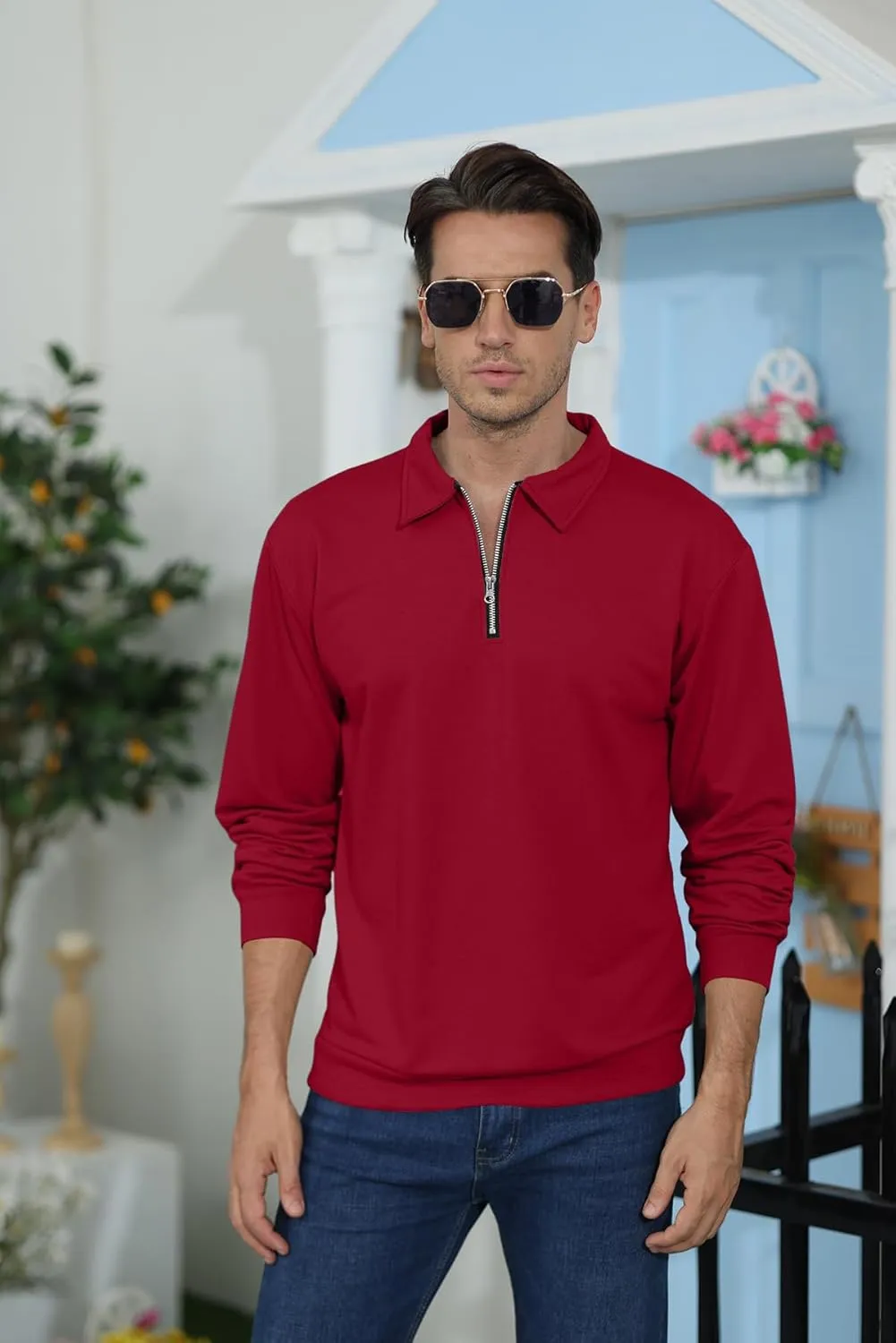 Lexiart Mens Long Sleeve Polo Shirts-Casual Thermal Loose Fit Pullover Quarter Zip Sweatshirts