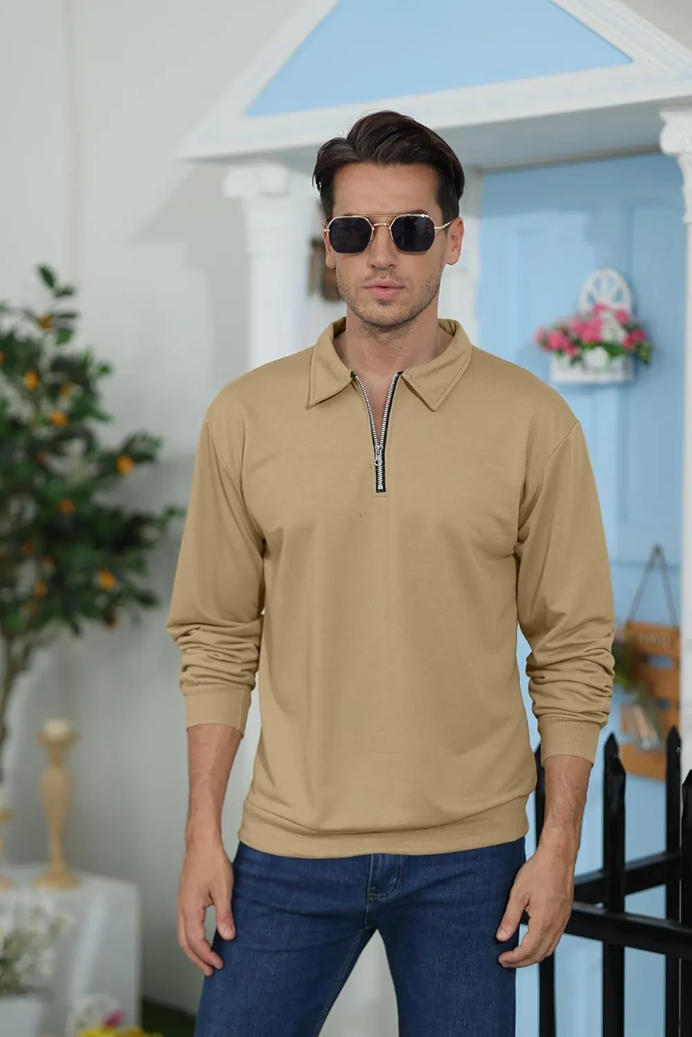 Lexiart Mens Long Sleeve Polo Shirts-Casual Thermal Loose Fit Pullover Quarter Zip Sweatshirts