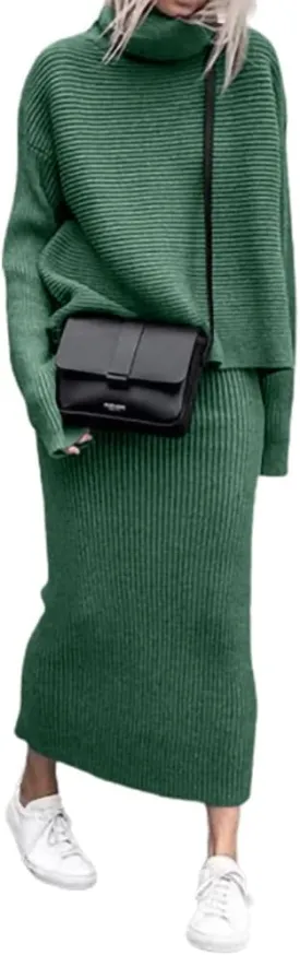 loveimgs Women's 2 Piece Outfits Ribbed Knit Long Sleeve Turtleneck Midi Pencil Skirt Set Casual Two Piece Dress