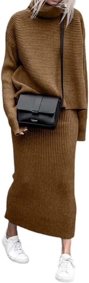 loveimgs Women's 2 Piece Outfits Ribbed Knit Long Sleeve Turtleneck Midi Pencil Skirt Set Casual Two Piece Dress