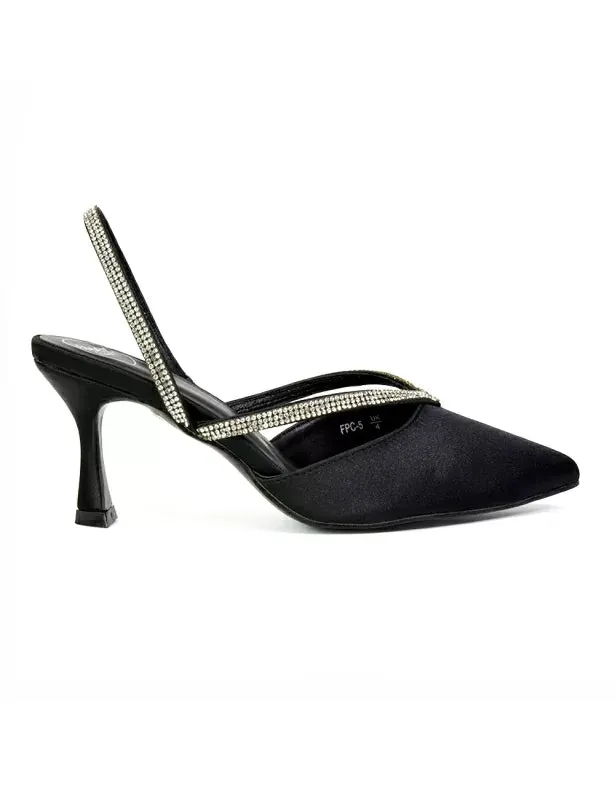 Marissa Pointed Toe Diamante Sling Back Strappy Stiletto Bridal Heels in Black