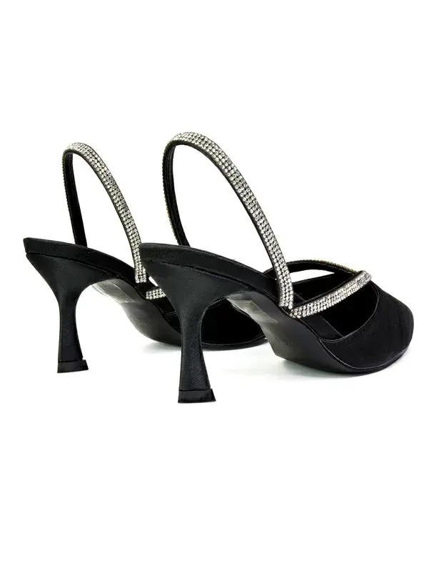 Marissa Pointed Toe Diamante Sling Back Strappy Stiletto Bridal Heels in Black