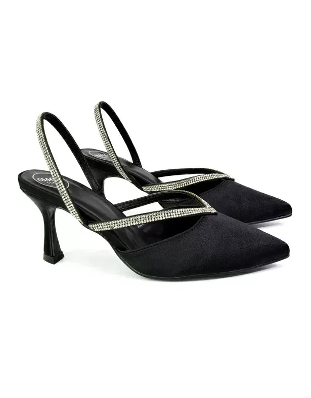 Marissa Pointed Toe Diamante Sling Back Strappy Stiletto Bridal Heels in Black