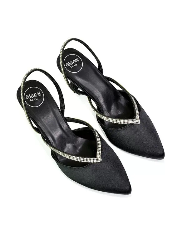 Marissa Pointed Toe Diamante Sling Back Strappy Stiletto Bridal Heels in Black