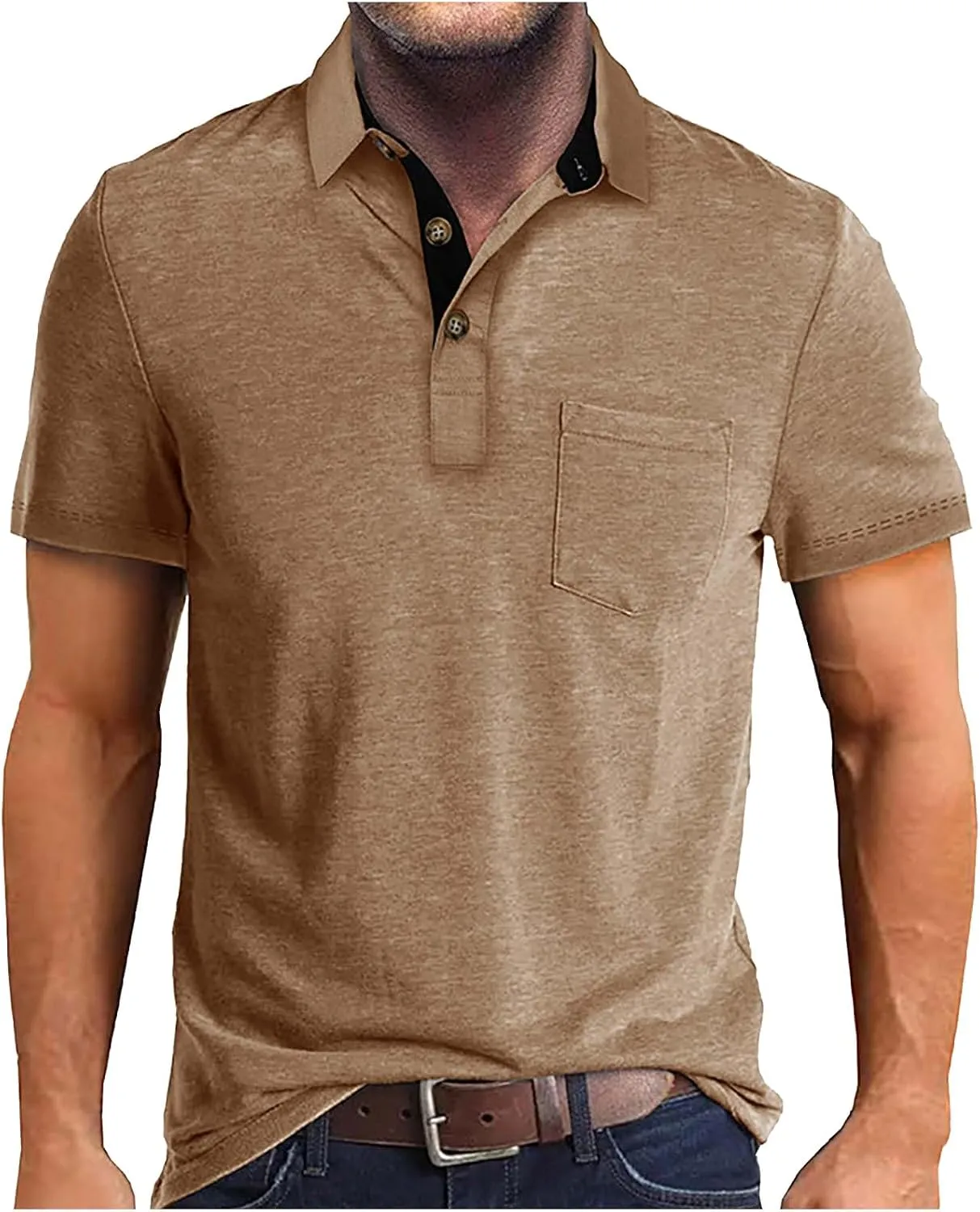 Men's 2025 Classic Fit Casual Short Sleeve Vintage Dual Tipped Collar Button Down Polo Shirt with Pocket