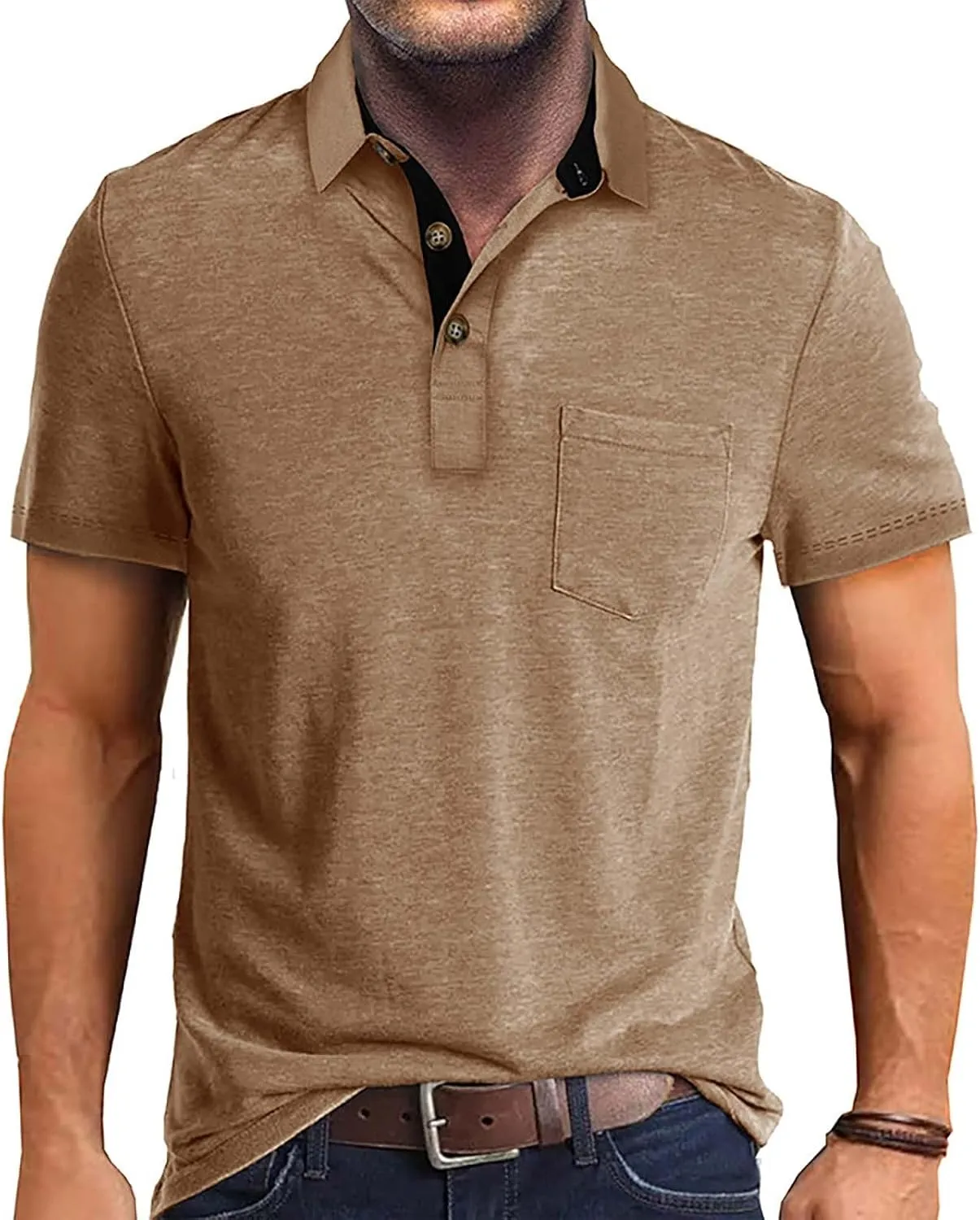 Men's 2025 Classic Fit Casual Short Sleeve Vintage Dual Tipped Collar Button Down Polo Shirt with Pocket