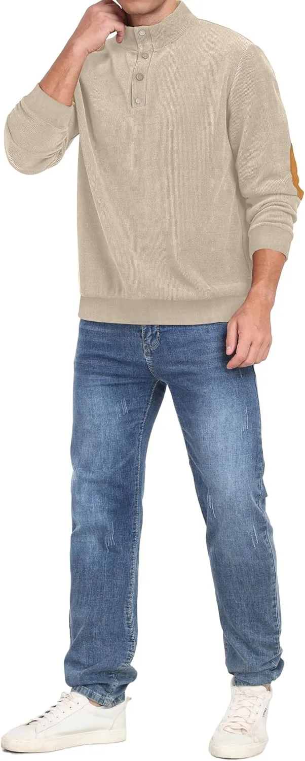 Mens Casual Corduroy Sweatshirt Long Sleeve Stand Collar 1/4 Button Up Pullover Fall Polo Sweaters