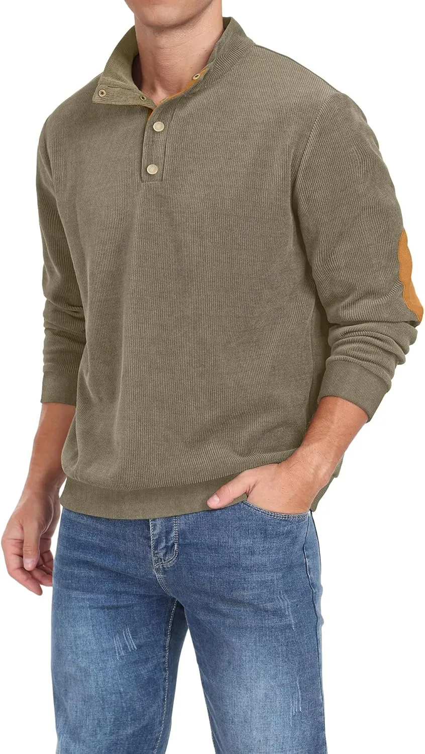 Mens Casual Corduroy Sweatshirt Long Sleeve Stand Collar 1/4 Button Up Pullover Fall Polo Sweaters