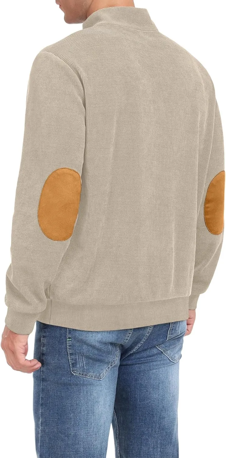 Mens Casual Corduroy Sweatshirt Long Sleeve Stand Collar 1/4 Button Up Pullover Fall Polo Sweaters