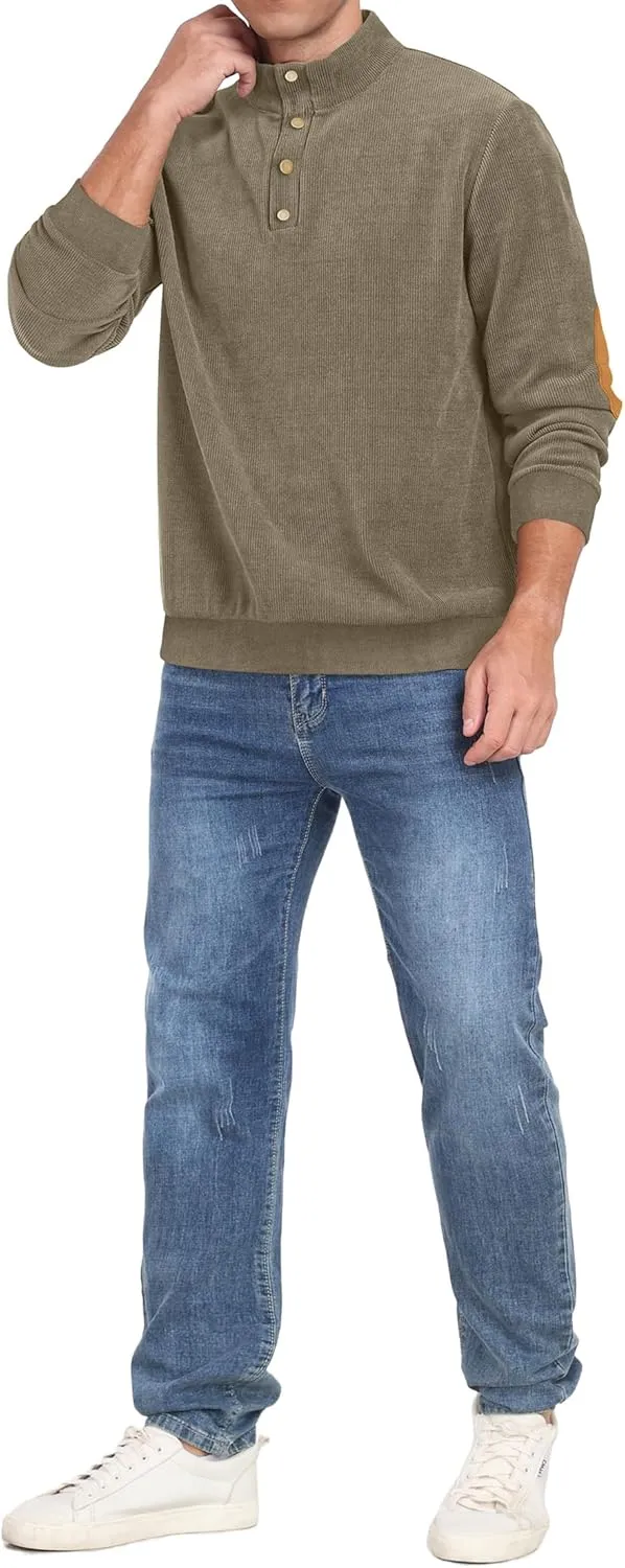 Mens Casual Corduroy Sweatshirt Long Sleeve Stand Collar 1/4 Button Up Pullover Fall Polo Sweaters