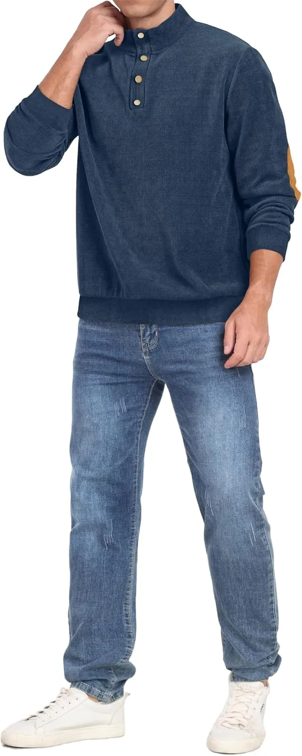Mens Casual Corduroy Sweatshirt Long Sleeve Stand Collar 1/4 Button Up Pullover Fall Polo Sweaters