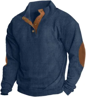 Mens Casual Corduroy Sweatshirt Long Sleeve Stand Collar 1/4 Button Up Pullover Fall Polo Sweaters