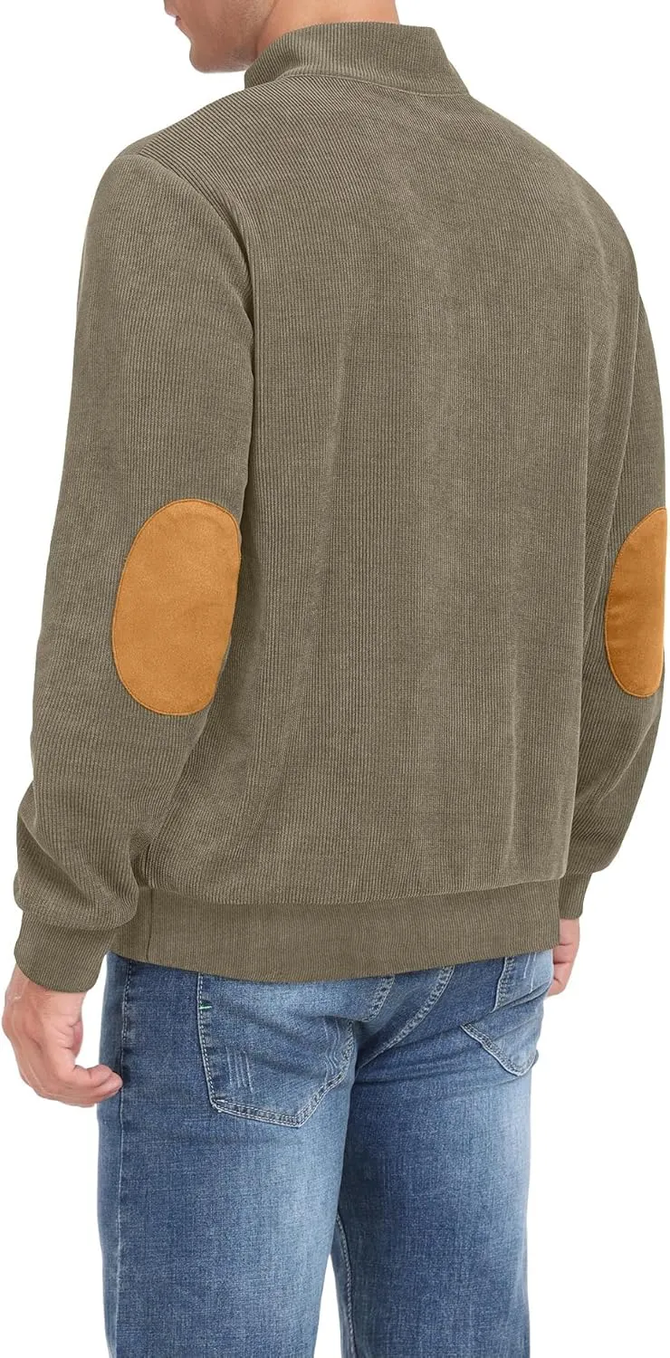 Mens Casual Corduroy Sweatshirt Long Sleeve Stand Collar 1/4 Button Up Pullover Fall Polo Sweaters