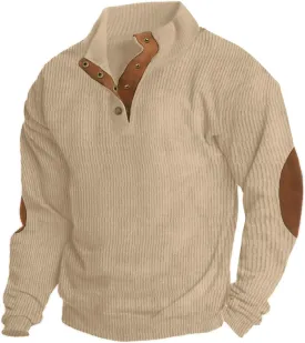 Mens Casual Corduroy Sweatshirt Long Sleeve Stand Collar 1/4 Button Up Pullover Fall Polo Sweaters