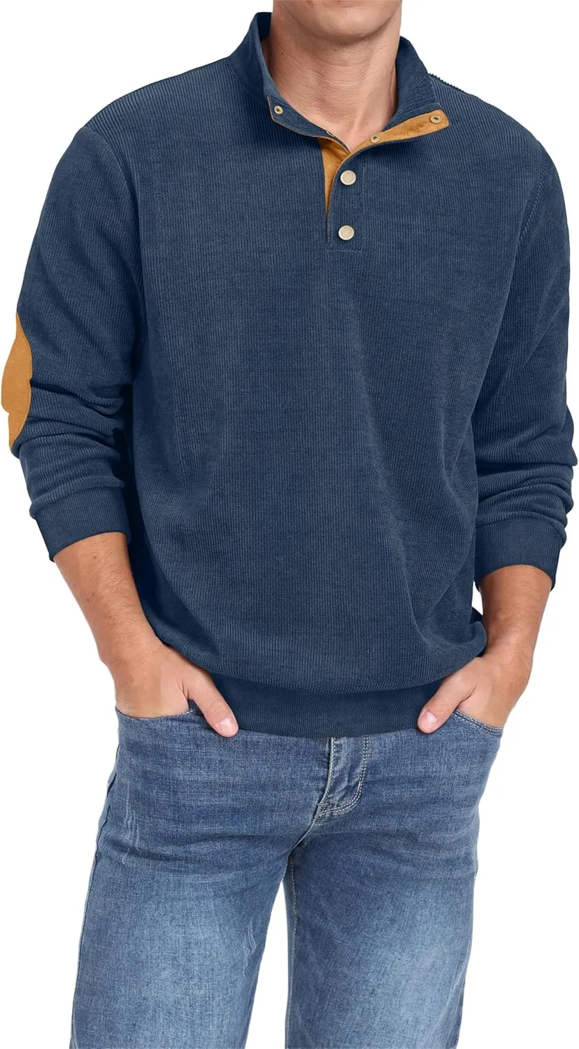 Mens Casual Corduroy Sweatshirt Long Sleeve Stand Collar 1/4 Button Up Pullover Fall Polo Sweaters