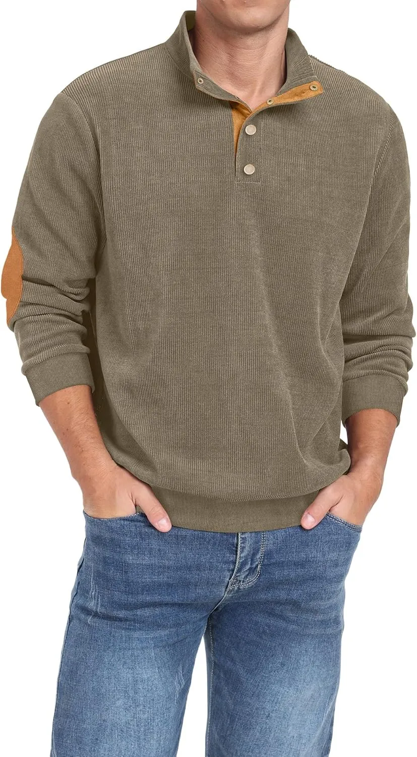Mens Casual Corduroy Sweatshirt Long Sleeve Stand Collar 1/4 Button Up Pullover Fall Polo Sweaters