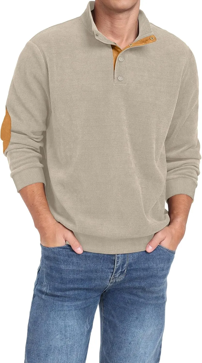 Mens Casual Corduroy Sweatshirt Long Sleeve Stand Collar 1/4 Button Up Pullover Fall Polo Sweaters