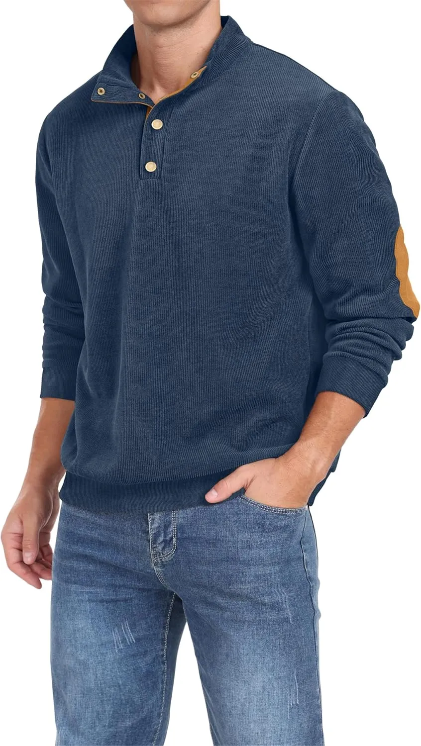 Mens Casual Corduroy Sweatshirt Long Sleeve Stand Collar 1/4 Button Up Pullover Fall Polo Sweaters