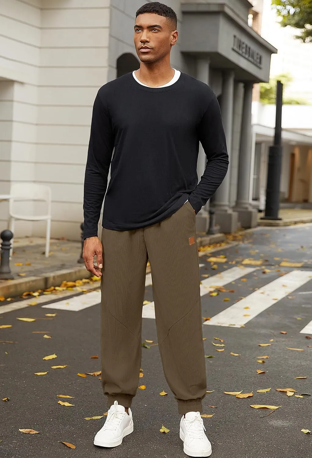 Mens Corduroy Joggers Pants Casual Cargo Pants Drawstring Elastic Waist Baggy Tapered Sweatpants with Pockets