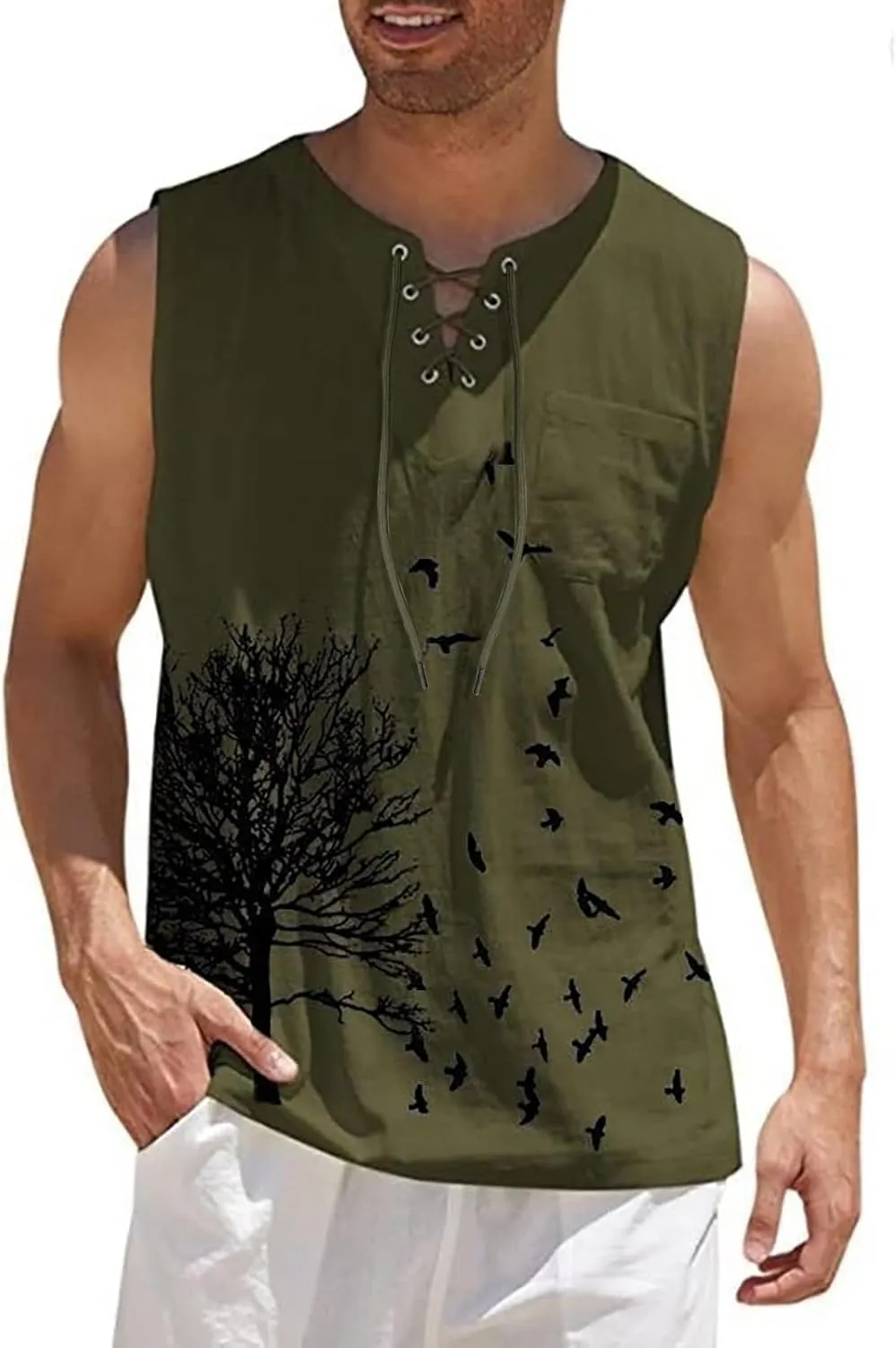 Men's Cotton Linen Tank Top Casual Sleeveless Henley Tank Shirts Lace Up Beach Hippie Tops Bohemian Pirate Tunic