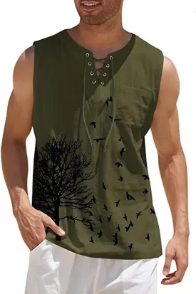 Men's Cotton Linen Tank Top Casual Sleeveless Henley Tank Shirts Lace Up Beach Hippie Tops Bohemian Pirate Tunic