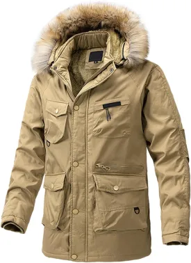 Men's Thick Thermal Jacket Winter Warm Windbreak Zip Front Fleece Lined Military Jacket with Removable Fur Hooded