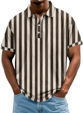 Mens Vertical Striped Polo Shirts Summer Color Block Tshirt Plus Size V Neck Tee Short Sleeve Vintage Collar Tops