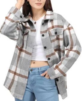 NY Threads Women's Flannel Plaid Shacket Button Down Long Sleeve Loose Fit Shirt Casual Jacket Coat