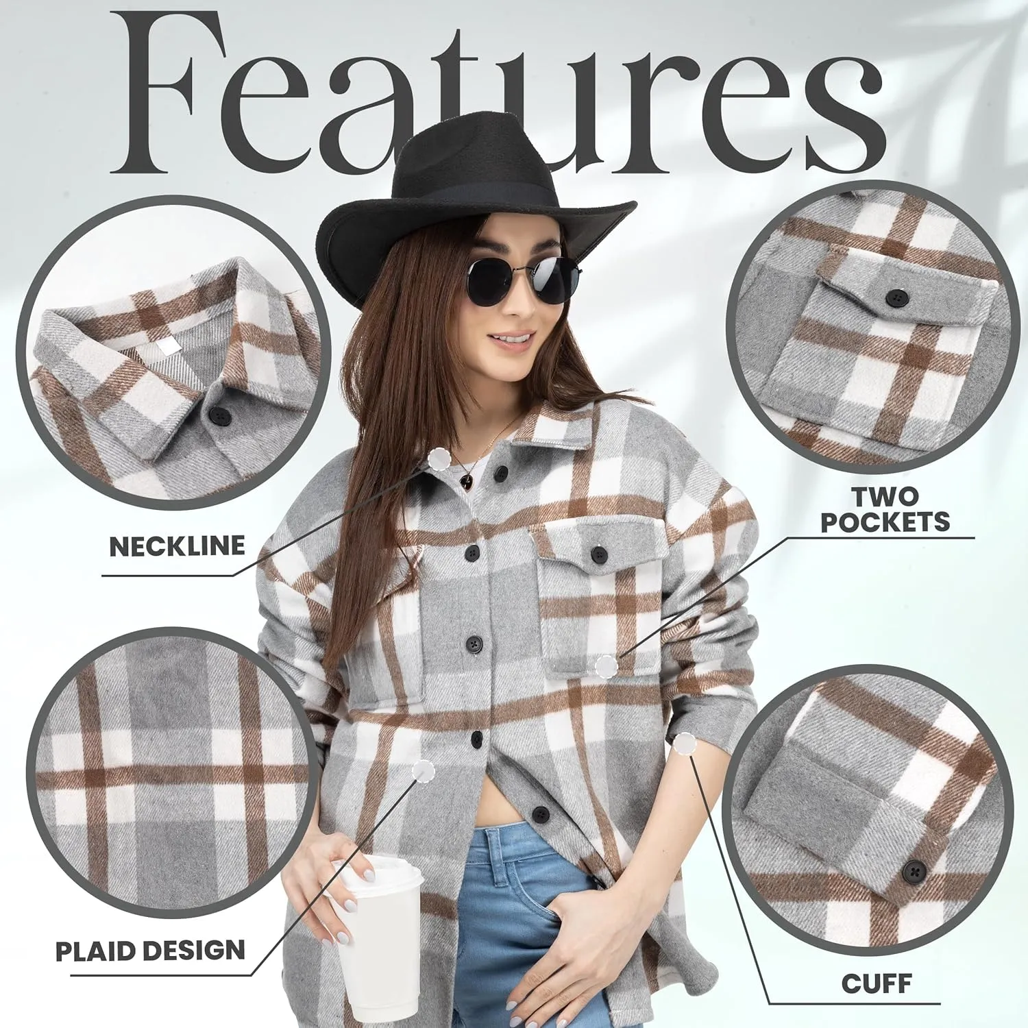 NY Threads Women's Flannel Plaid Shacket Button Down Long Sleeve Loose Fit Shirt Casual Jacket Coat