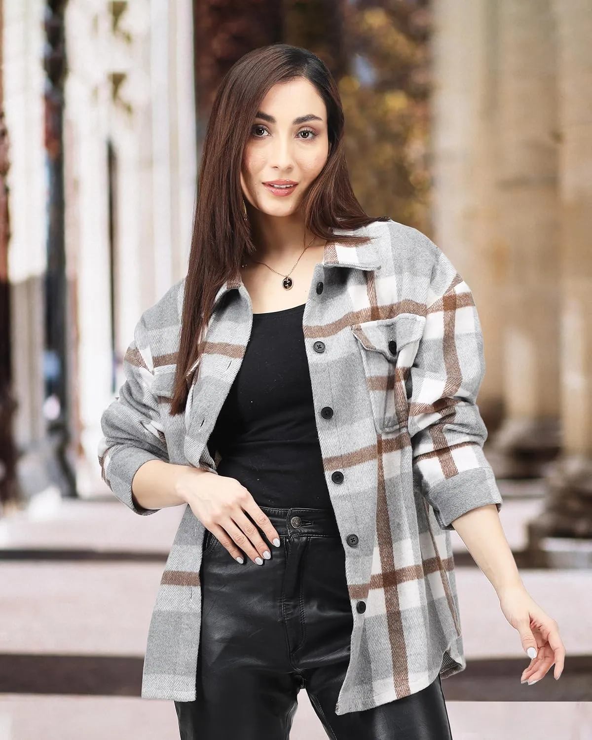 NY Threads Women's Flannel Plaid Shacket Button Down Long Sleeve Loose Fit Shirt Casual Jacket Coat