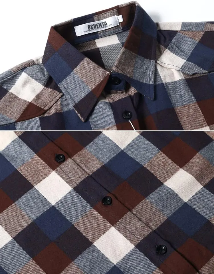 OCHENTA Women's Roll Up Sleeve Button Down Plaid Flannel Shirt Fall Casual Tops
