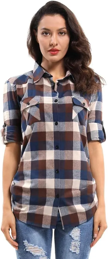 OCHENTA Women's Roll Up Sleeve Button Down Plaid Flannel Shirt Fall Casual Tops