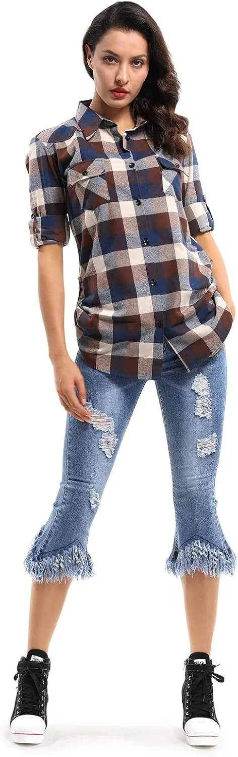 OCHENTA Women's Roll Up Sleeve Button Down Plaid Flannel Shirt Fall Casual Tops