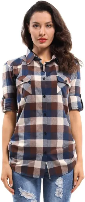 OCHENTA Women's Roll Up Sleeve Button Down Plaid Flannel Shirt Fall Casual Tops