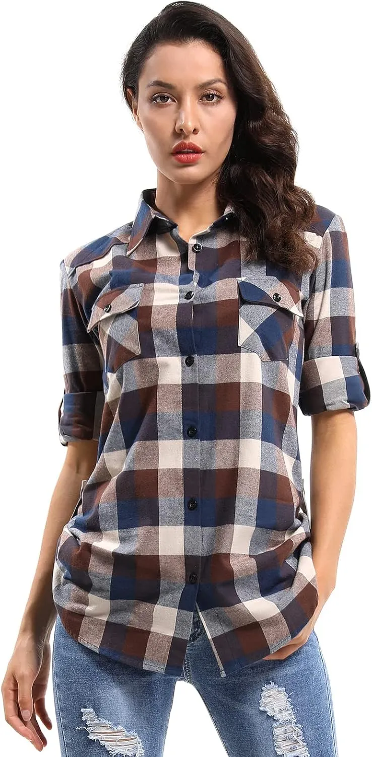 OCHENTA Women's Roll Up Sleeve Button Down Plaid Flannel Shirt Fall Casual Tops