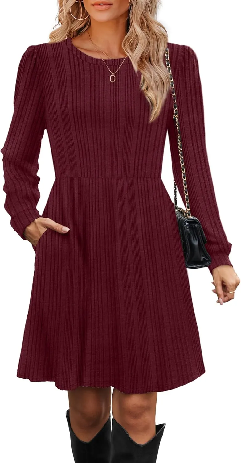 OFEEFAN Womens Fall Dresses Crew Neck Long Sleeve Winter Knit Sweater Dress 2024