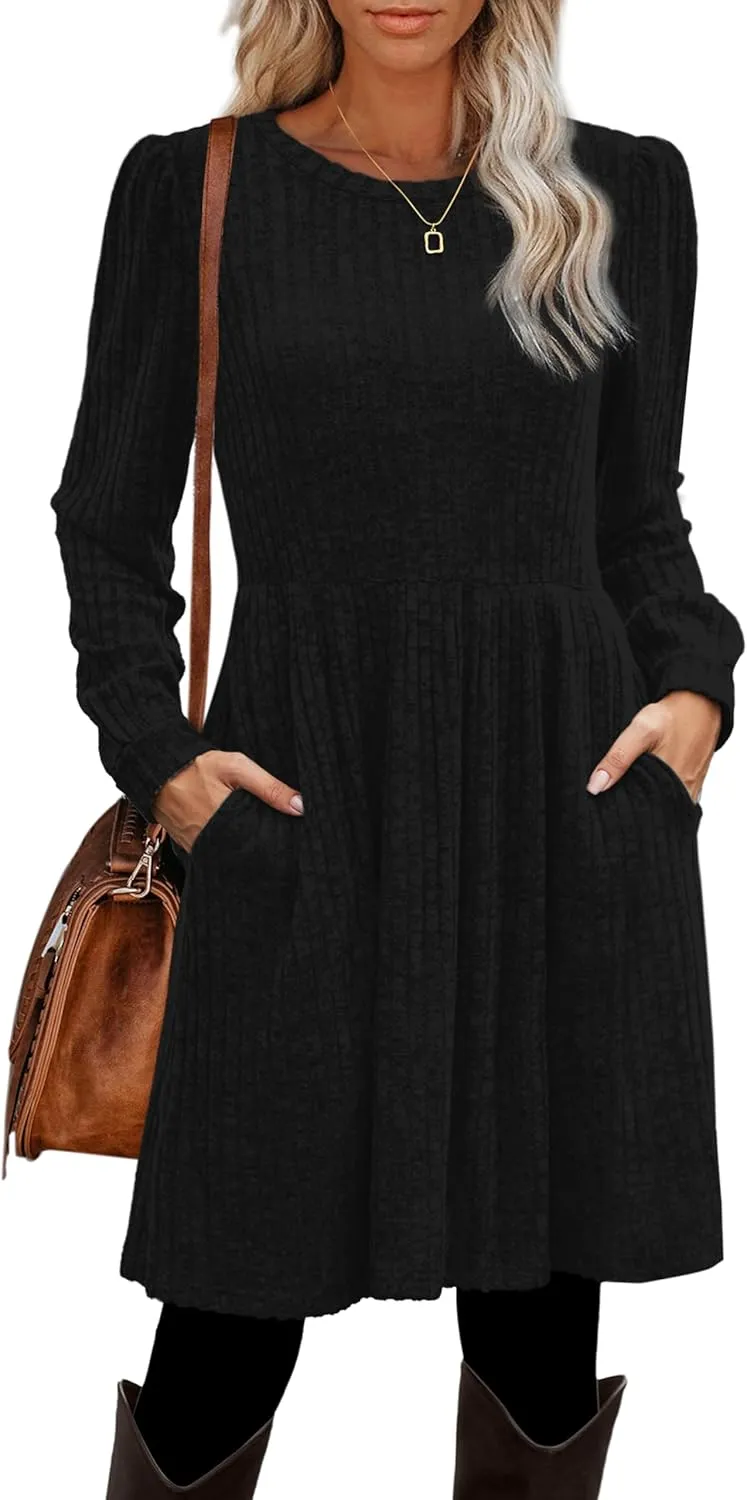 OFEEFAN Womens Fall Dresses Crew Neck Long Sleeve Winter Knit Sweater Dress 2024