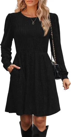 OFEEFAN Womens Fall Dresses Crew Neck Long Sleeve Winter Knit Sweater Dress 2024