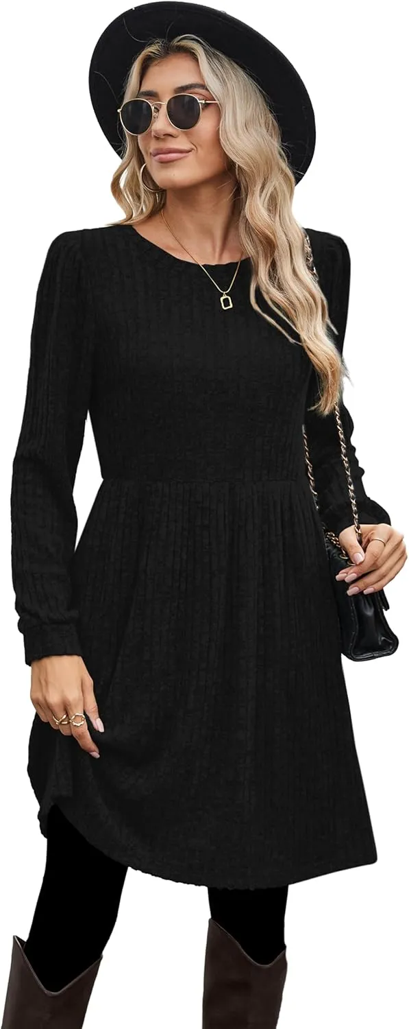 OFEEFAN Womens Fall Dresses Crew Neck Long Sleeve Winter Knit Sweater Dress 2024