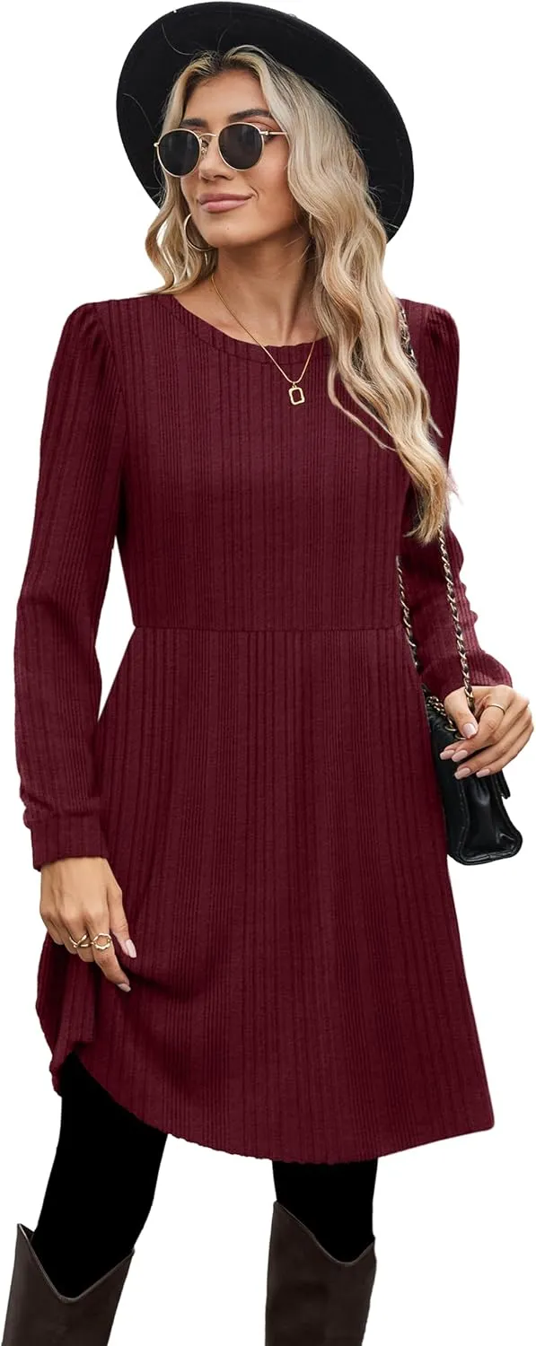 OFEEFAN Womens Fall Dresses Crew Neck Long Sleeve Winter Knit Sweater Dress 2024