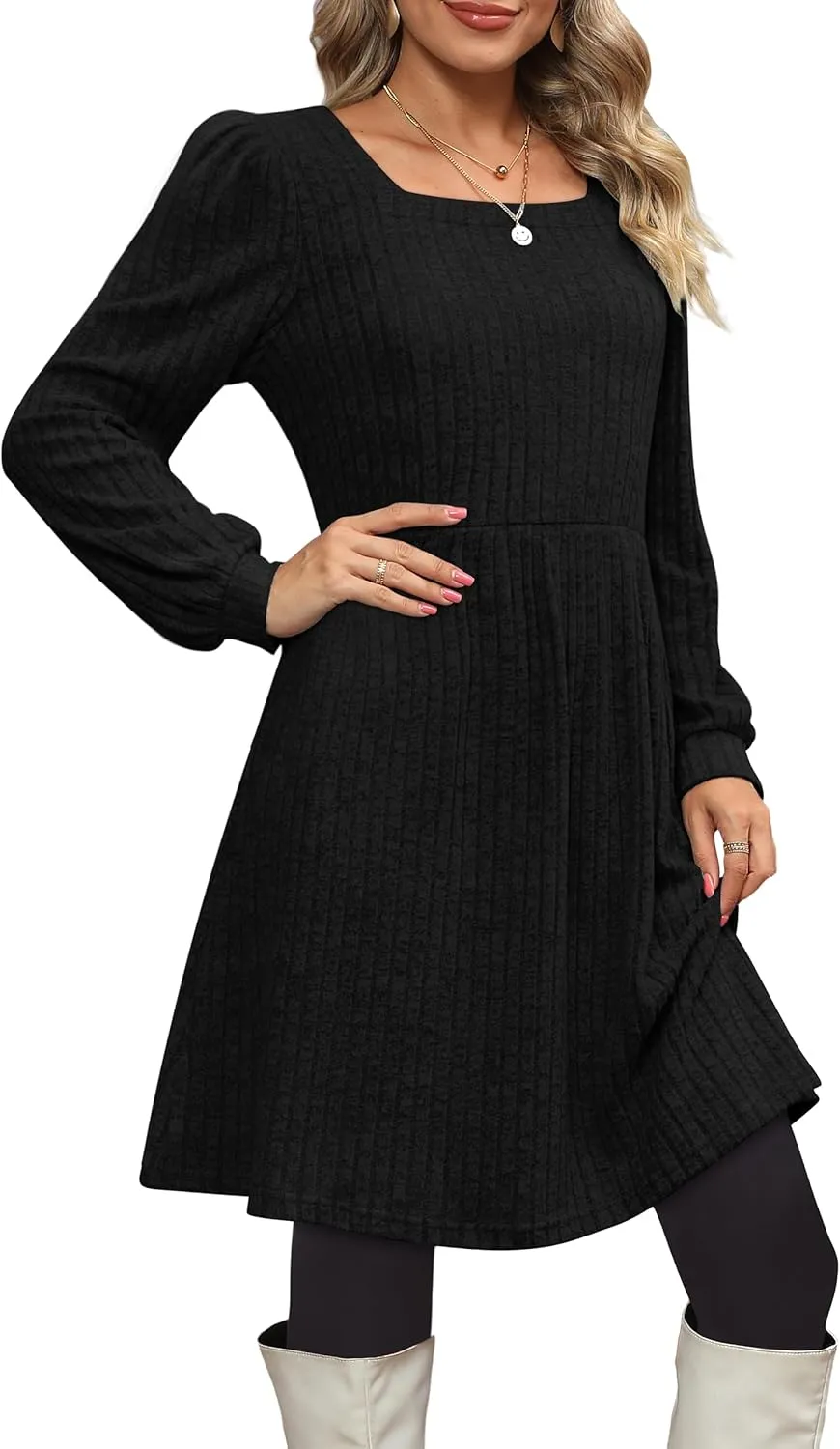 OFEEFAN Womens Knit Sweater Dress with Pockets Square Neck Long Sleeve Dresses