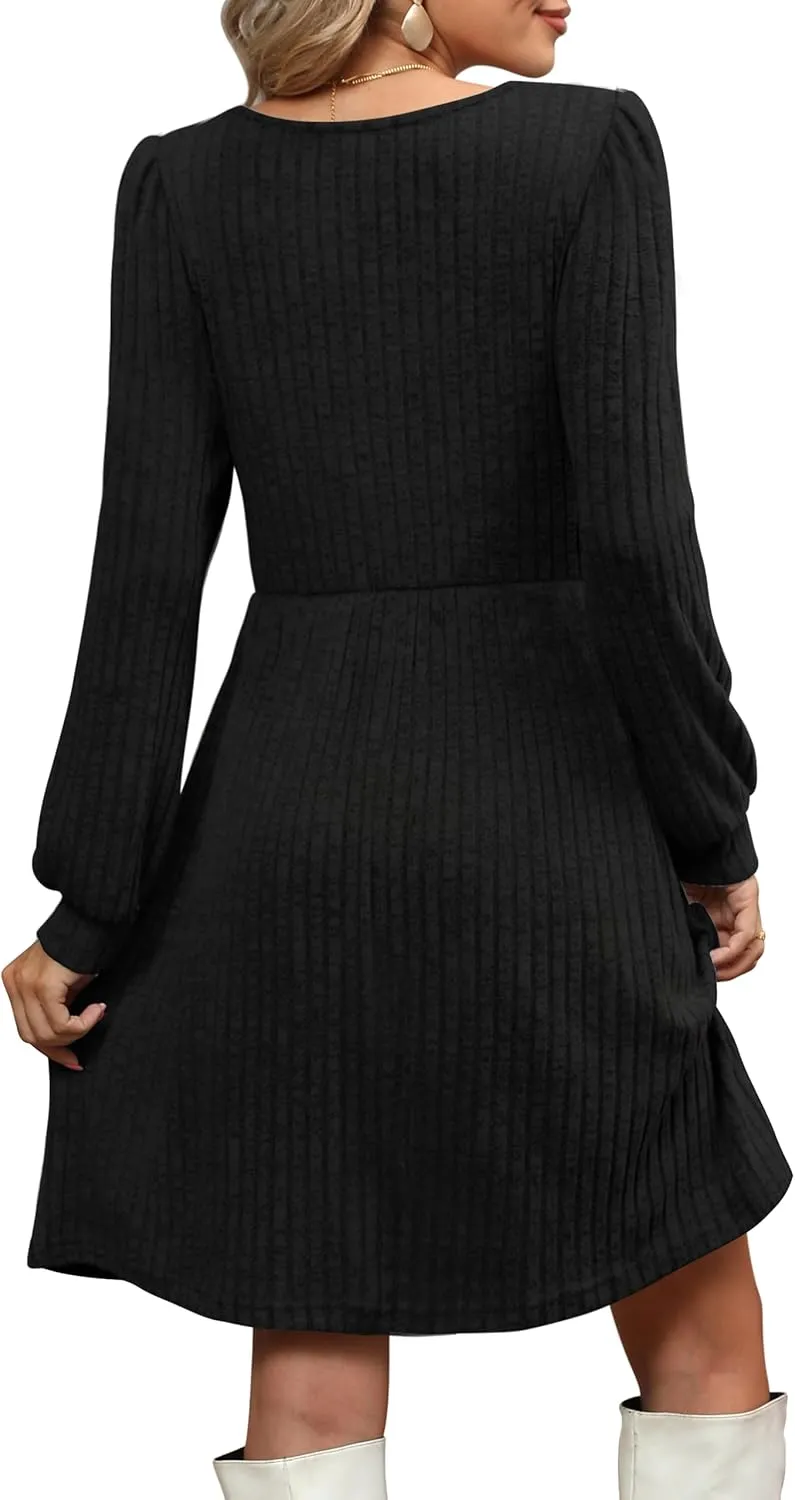 OFEEFAN Womens Knit Sweater Dress with Pockets Square Neck Long Sleeve Dresses