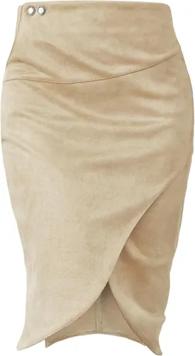 Pencil Skirt for Women with Slit Tummy Control High Waist Wrap Suede Skirt Office Work Skirt with Pocket