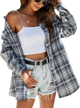 Plaid Flannel Shirts for Women Oversized Button Down Long Sleeve Buffalo Shirts Blouse Tops