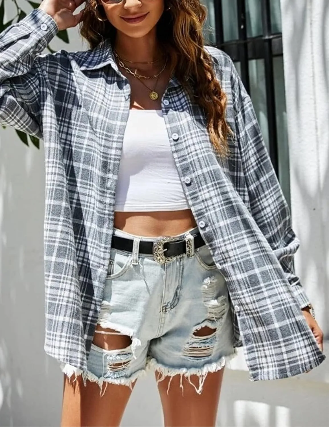 Plaid Flannel Shirts for Women Oversized Button Down Long Sleeve Buffalo Shirts Blouse Tops