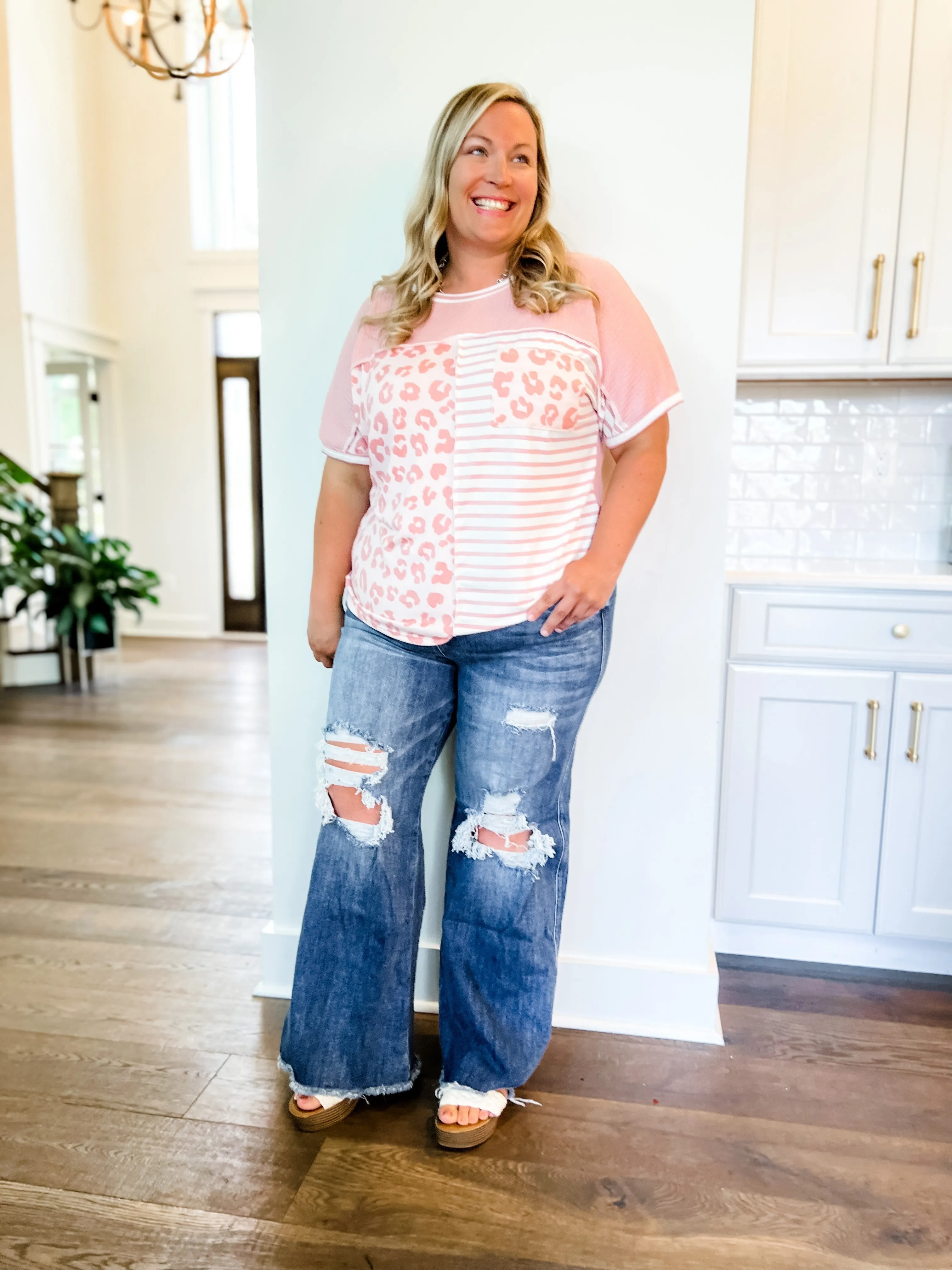 Risen Medium Wash Distressed Wide Leg Dad Jeans