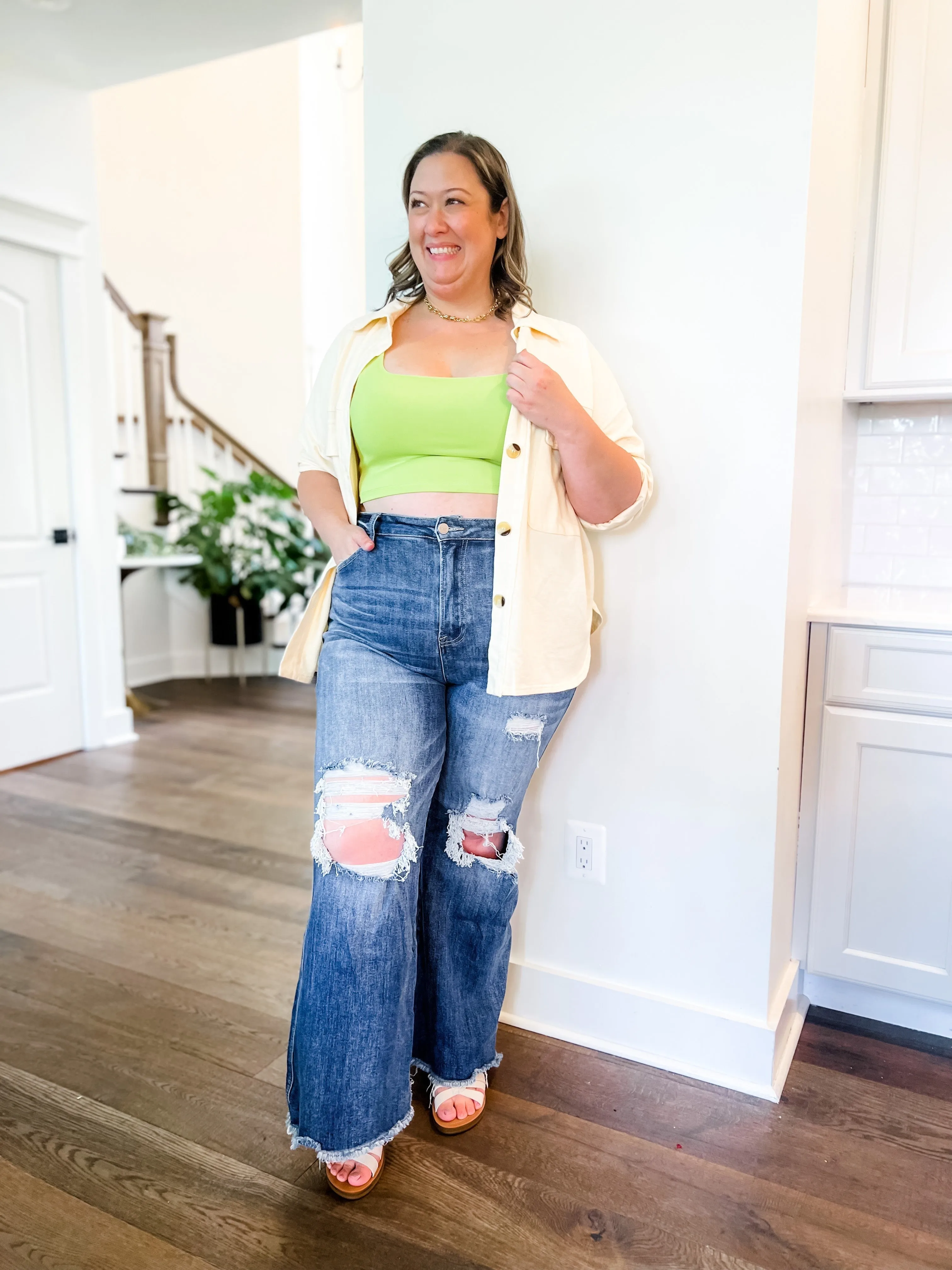 Risen Medium Wash Distressed Wide Leg Dad Jeans